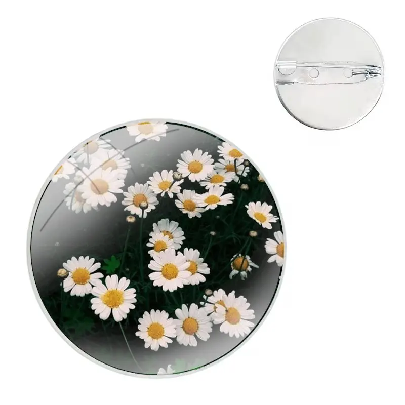 Glass Dome Brooches Shirt Lapel Bag Cute Badge Pins For Clothes Hat Accessories Daisies Background