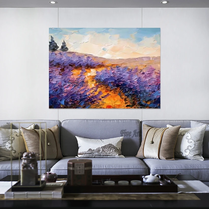 حجم كبير، فن قماش الكتان، لوحات زيتية للمناظر الطبيعية على شكل زهور، بدون إطار، صورة المناظر الطبيعية، تصميم أكريليك تجريدي