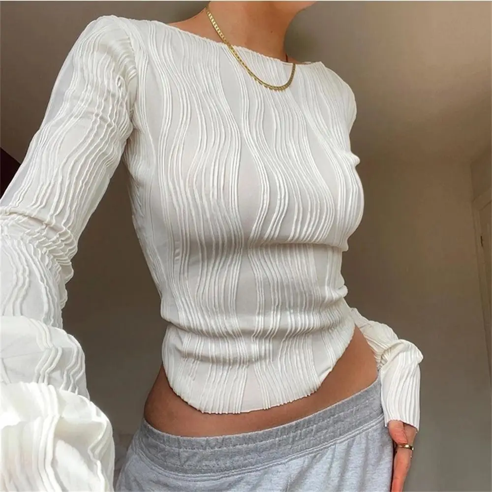 

Fashion Ruched Women T Shirts Long Sleeve Black White Cropped Top Slim Fit Skinny Basic Tee Autumn