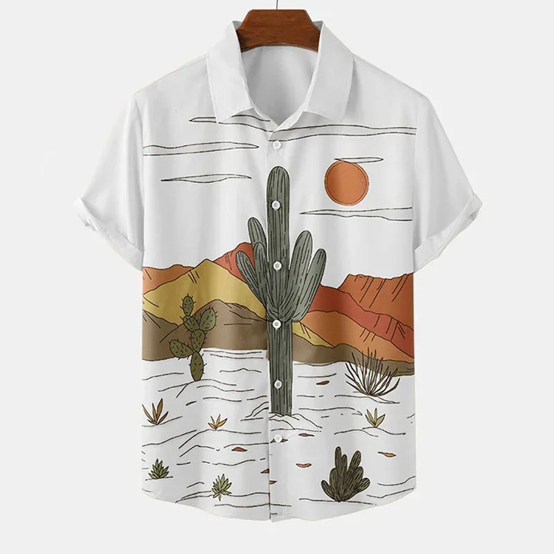 Camisa de Cactus del desierto para hombre, 3D Blusa de manga corta con estampado, estilo Harajuku Hawaiano, ropa de playa para vacaciones callejeras