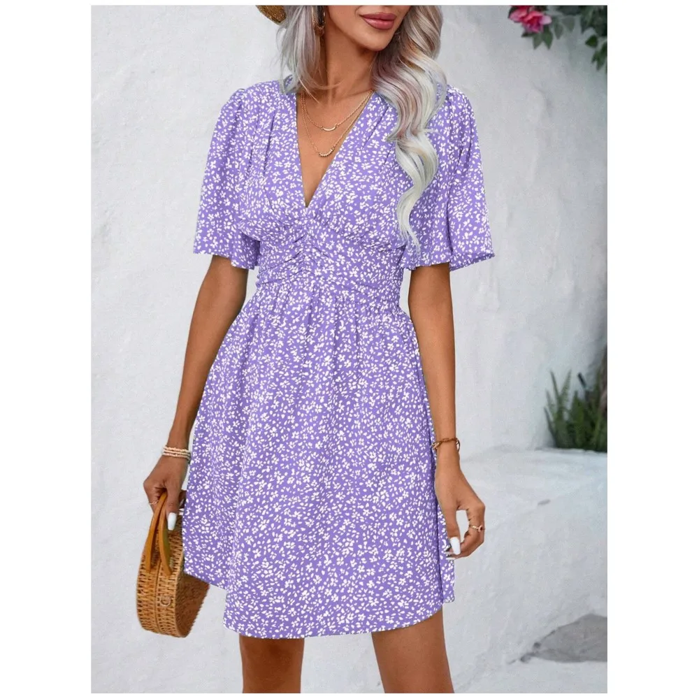 Fashion V Neck Mid Sleeve Printed High Waisted Floral Short Sleeved Women\'s Dresses EsSummer Simple Elegant Female Pleated Dress