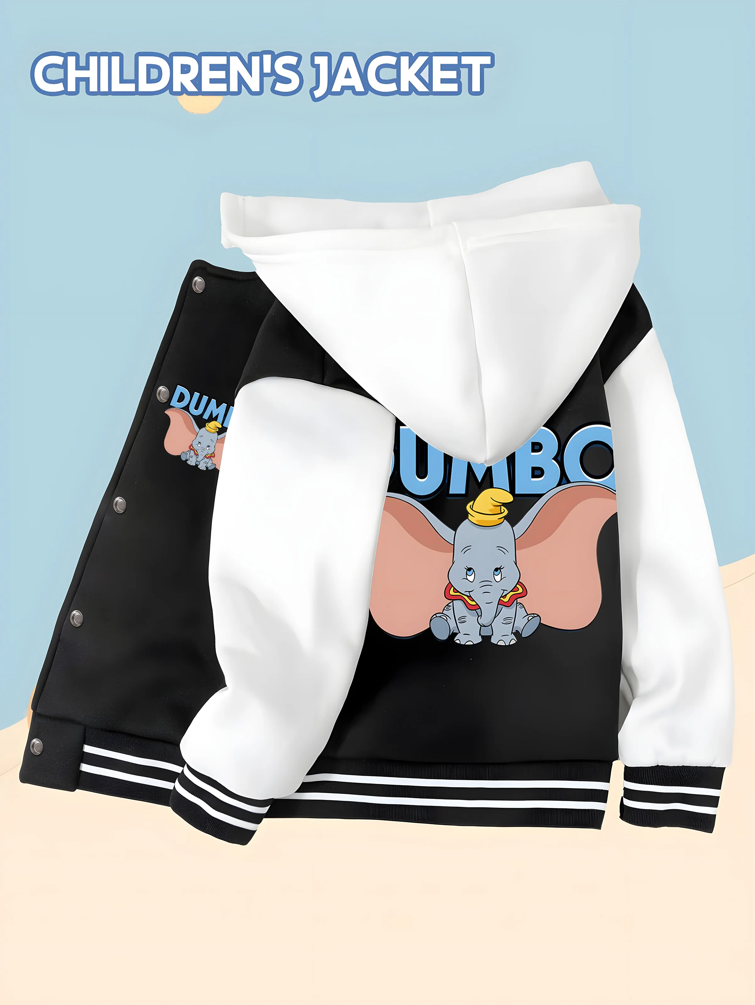 

MINISO Disney DUMBO Kids Baseball Boys Jacket - Cute Dumbo pattern in black and white, soft fabric for trendy school wear