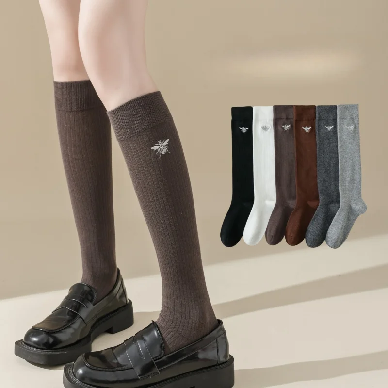 

Slimming Cotton Socks for Women, Little Bee Embroidery, Micro Pressure, Long Tube, Autumn and Winter