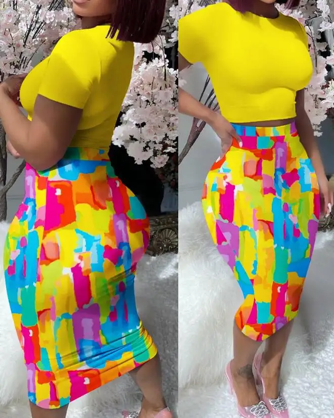 Women's Two-Piece Summer New Set Tie Dye Print Top & High Waist Skirt Set Fashion Commuter Sexy Print Multi Color Two Piece Set