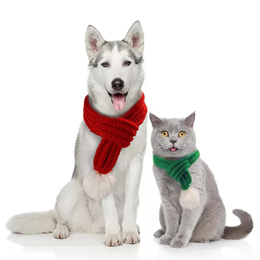 

Dog Christmas Knitted Scarf Red Knit Scarves with Fuzzy Pompom Neck Warmer Bandana Xmas Holiday Winter Pet Puppy Cat Costume