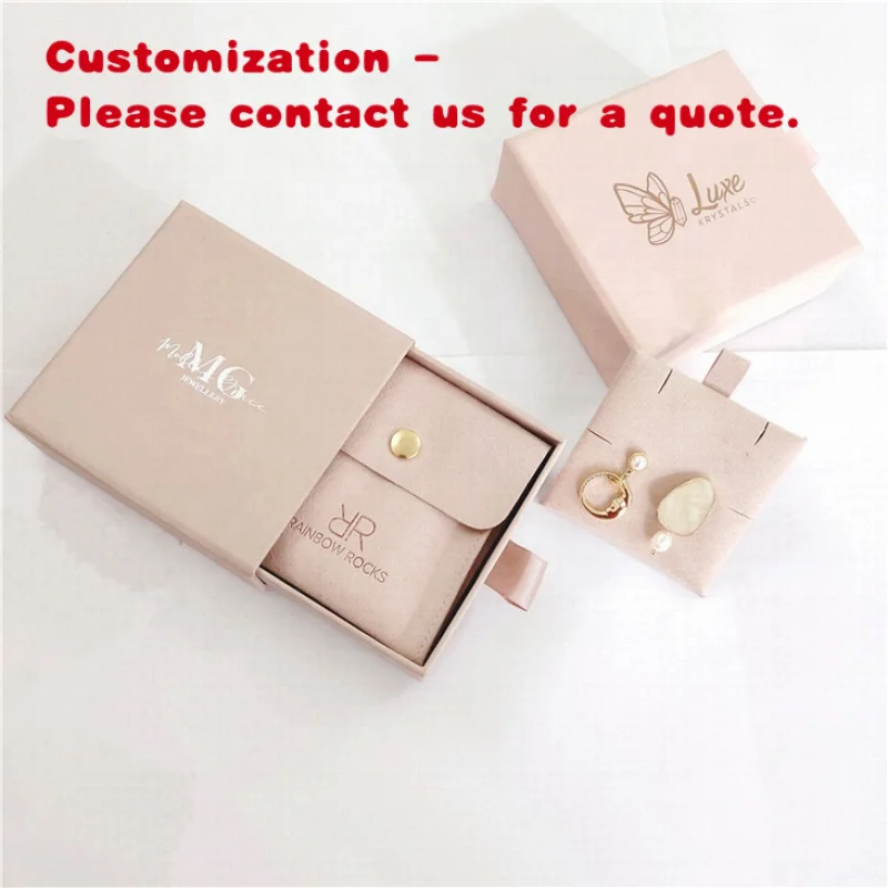 custom.Customized Jewelry Box With Jewelry Packaging Pouch Snap Button Microfiber Jewelry Pouch and Card Insert