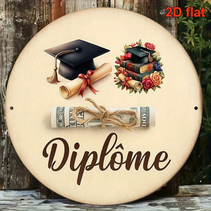 2D Flat, 1pc Vintage French Diploma Medal-Like Plaque - 8-Inch Round Graduation & Diploma Scroll with 