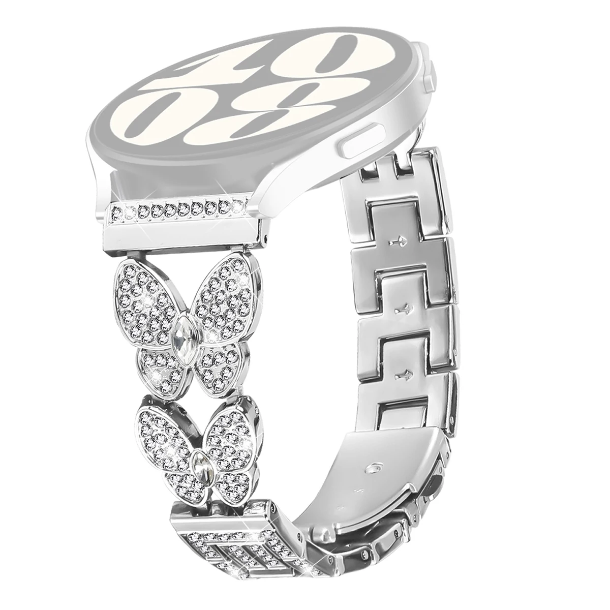 

For Huawei Watch GT 3 Pro 46mm Watch Band Butterfly Rhinestones Decor Silver Alloy Metal Strap