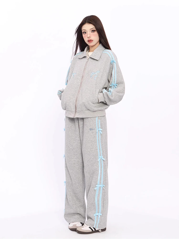 Pink Bow Embroidery 2 Piece Set Women Y2k Sweet Korea Zipper Jacket Wide Leg Pants Two-Piece Sets Harajuku A-line Skirt Suits