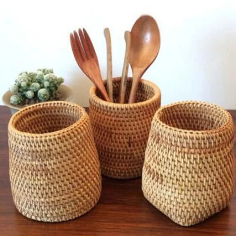 Caixa de armazenamento de rattan artesanal caneta cosmética titular acessórios de cerimônia de chá utensílios de mesa decoração de armazenamento
