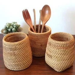 Caixa de armazenamento de rattan artesanal caneta cosmética titular acessórios de cerimônia de chá utensílios de mesa decoração de armazenamento cesta de armazenamento doméstico