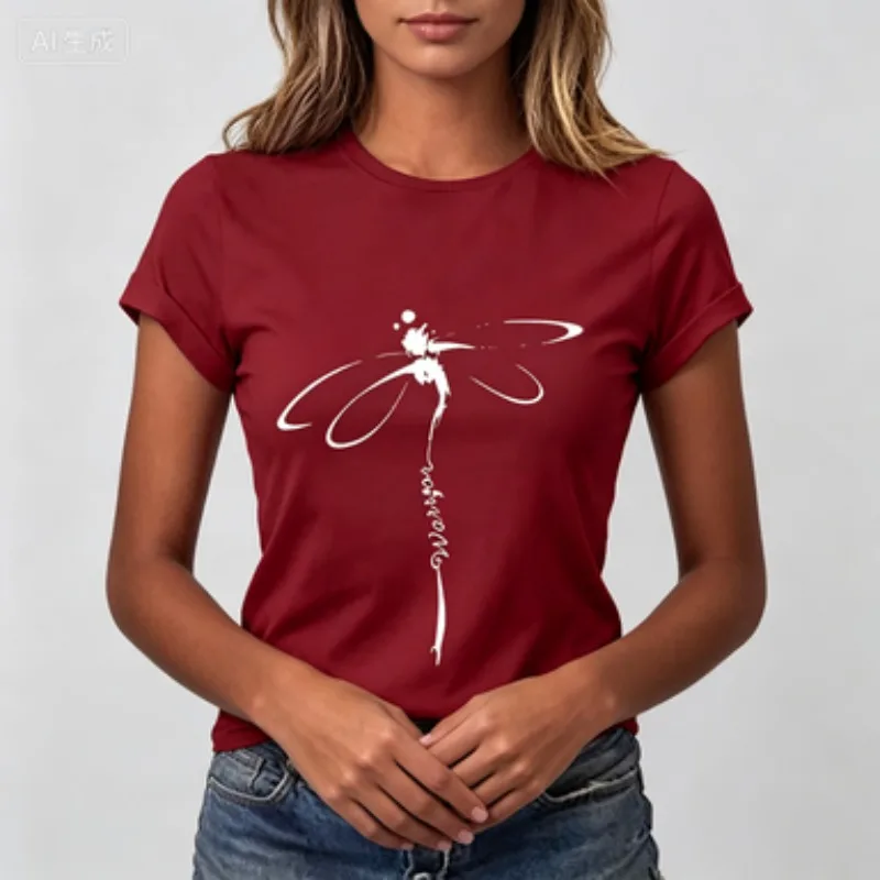 Womens Cotton Crew Neck Graphic Tee, Abstract Dragonfly Warrior Letter Design Casual Daily Soft Short Sleeve Shirt Top