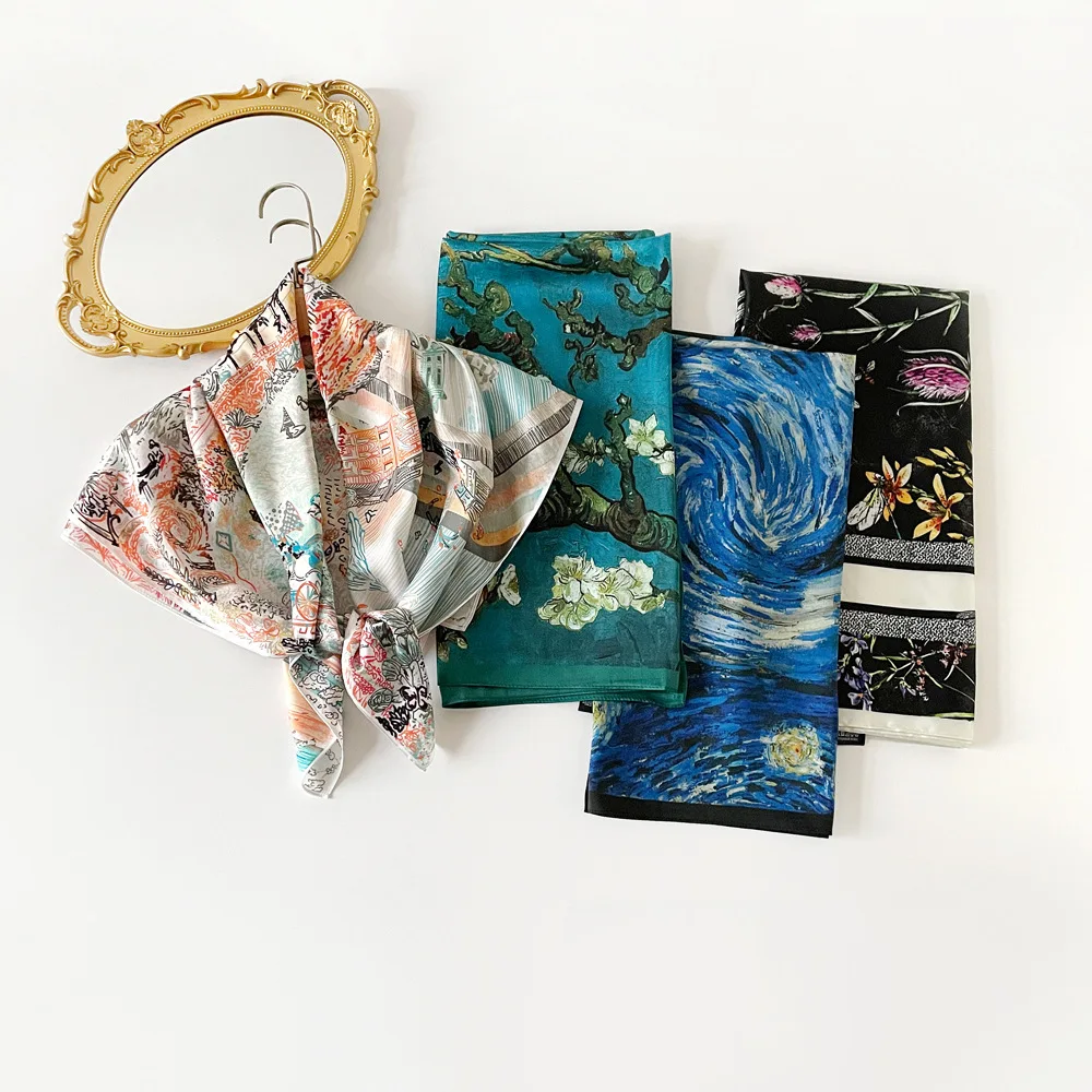 90cm silk scarf women's printed scarf European and American cross-border headscarf, retro large square scarf, shawl wholesale image 6