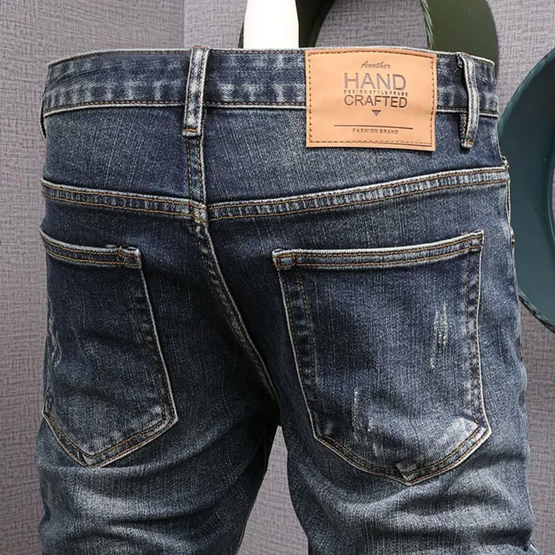 Newly Designer Fashion Men Jeans Retro Blue Stretch Elastic Slim Fit Ripped Jeans Men Vintage Casual Denim Pencil Pants Hombre