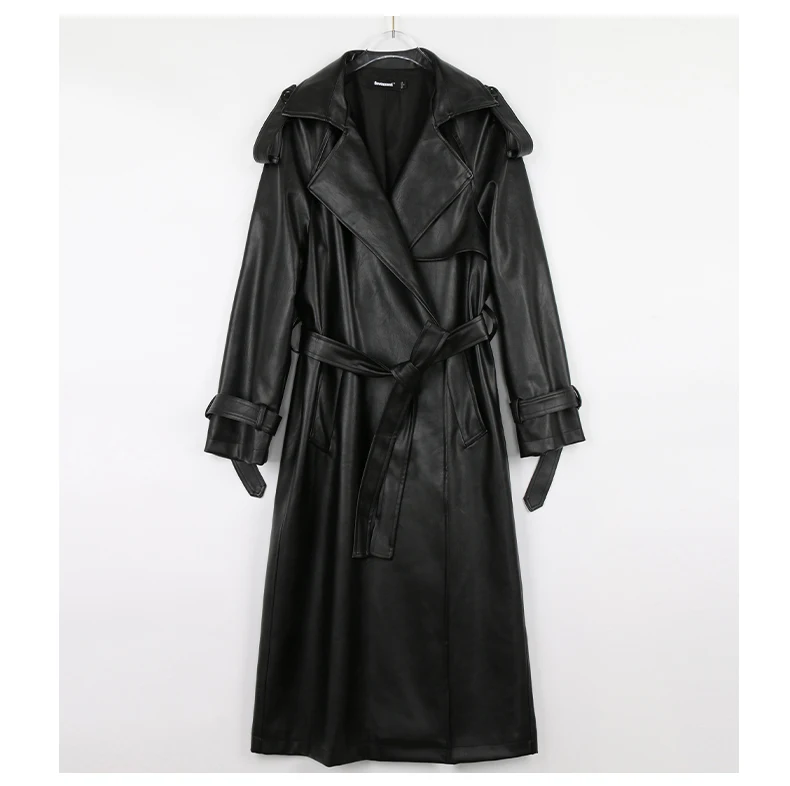 Mauroicardi Spring Autumn Black Long Soft Pu Leather Trench Coat for Women Sashes Loose Casual White Waterproof Overcoat 2025