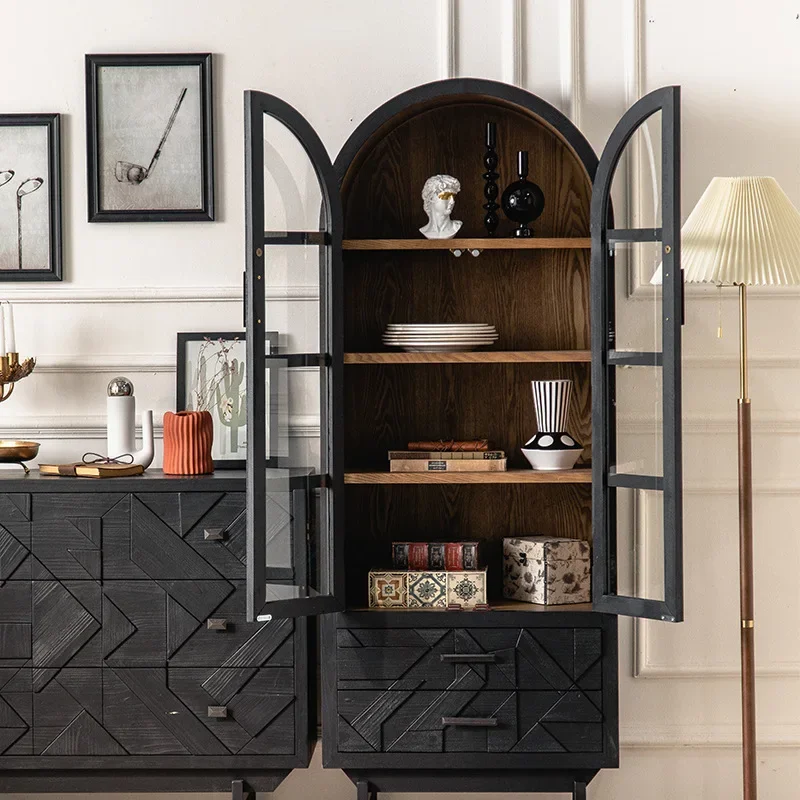 K Black new Italian side cabinet, tempered glass large storage high cabinet