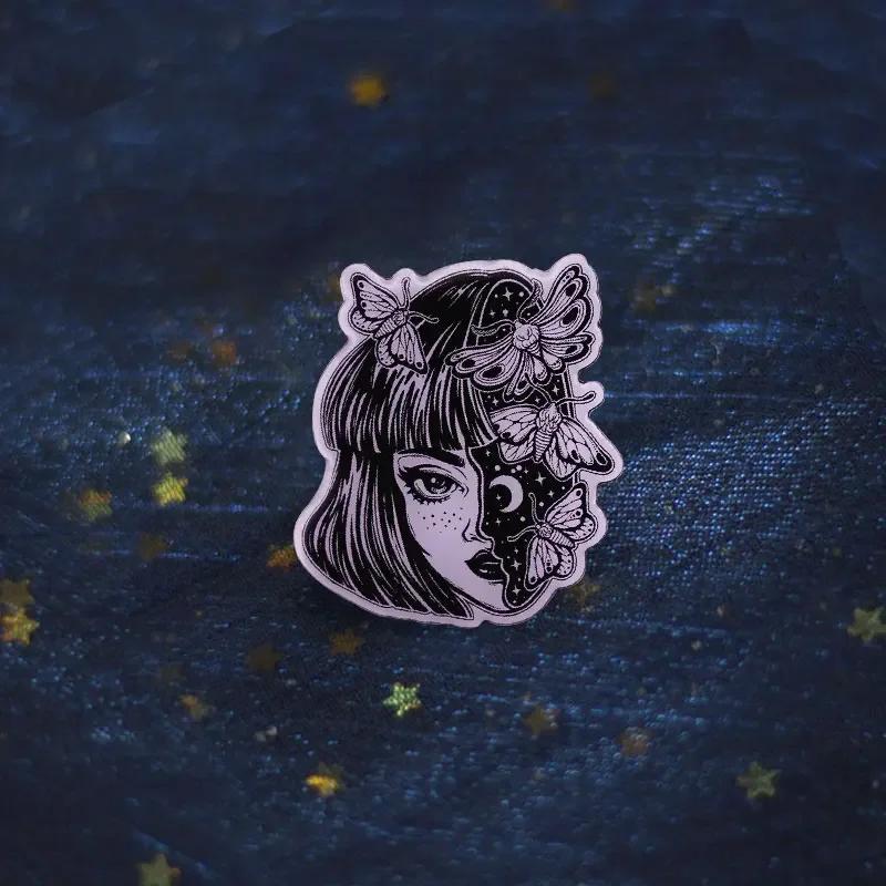 Starry sky moon moth butterflies human girl Enamel Pin Psychedelic Trippy Surreal Abstract Art Magic Anime witch girls Badge