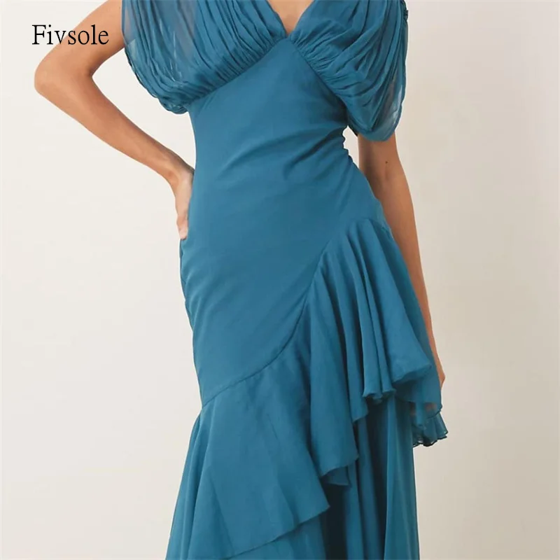 

Fivsole Modern Blue V Neck Mermaid Prom Gowns Chiffon Pleated Ruffled Party Gown Floor Length Evening Dress 2026 Customized