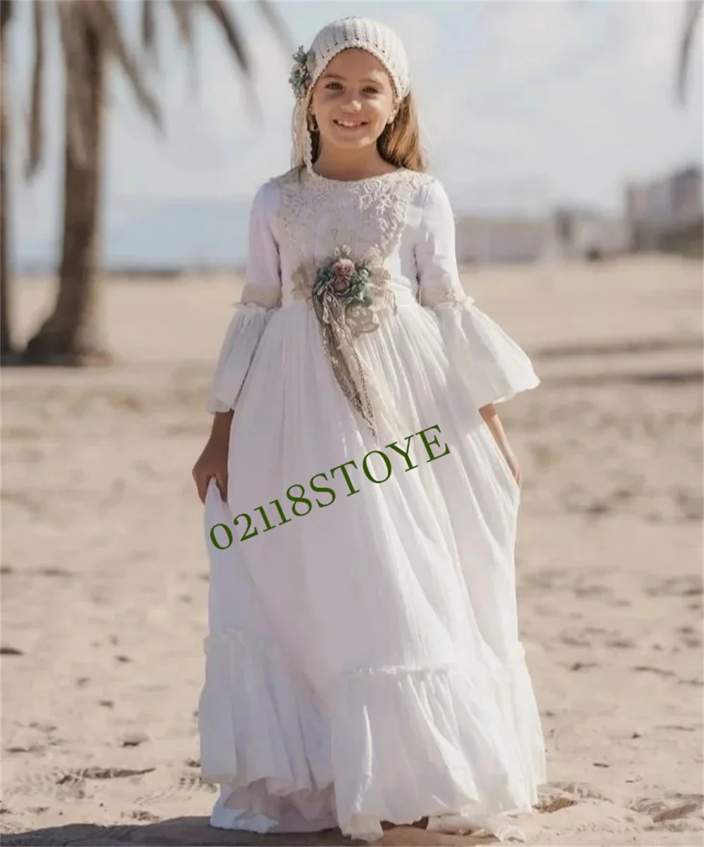 Luxury Flower Girl Dresses Baptism Communion Party Gown Floral Lace Blouse with Crystals and A Glitter Tulle Bottom