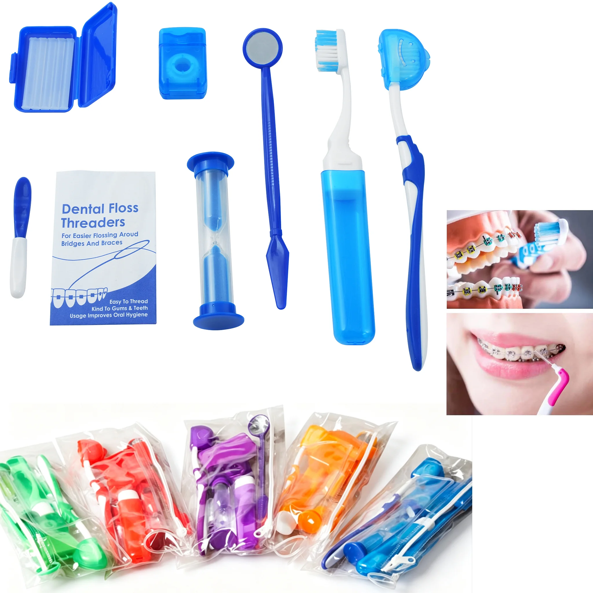 8Pcs Travel Orthodontic Oral Care Kit Foldable Toothbrush Interdental Brush Dental Floss Orthodontic Wax Oral Cleaning Braces Ca