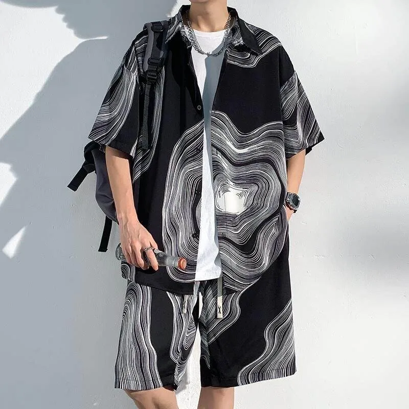 Men's Lightweight Breathable Polyester Blend Shirt with Shorts Matching Summer Casual Outfit Set M-XXXXXL 2 Pcs