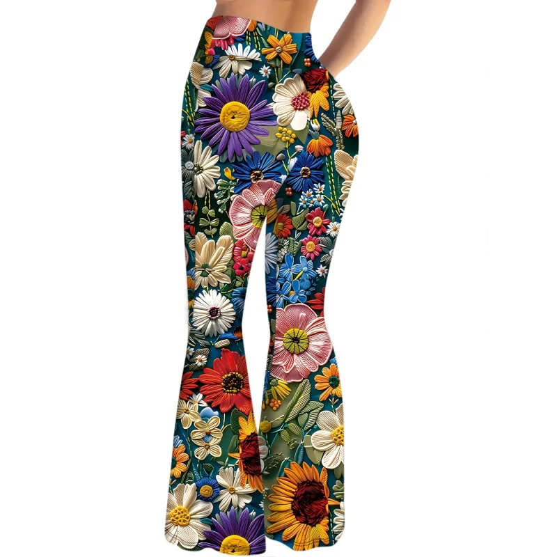 

Teenage style floral-print sexy high-waisted stretch flared pants, suitable for all seasons, casual, streetwear