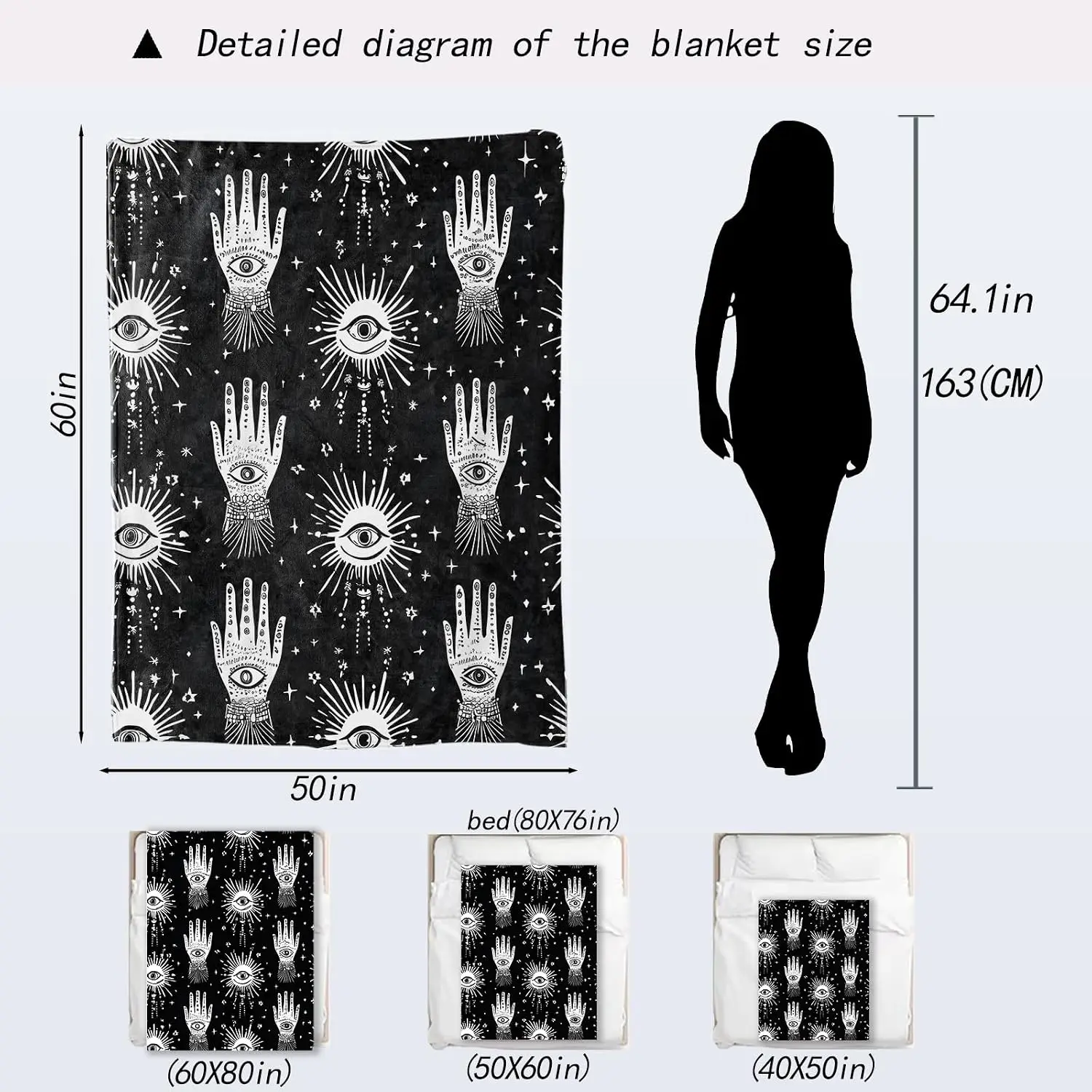 Occult Hamsa Hand All-seeing Eye Sun Star Repeat Pattern Comfortable Fleece Blanket Fit Bed Couch Hippie Bohemian Household