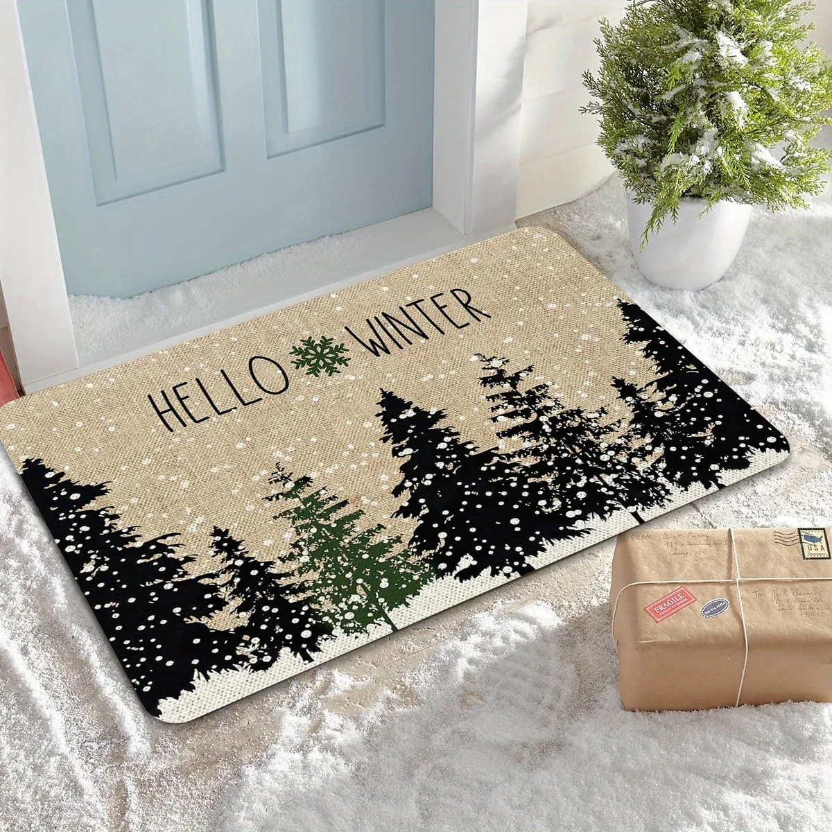 Hello Winter Carpet Cedar Tree Design Holiday Warm Decorate Accessory Bathroom Non-silp Doormats Suitable for Livingroom Hallway