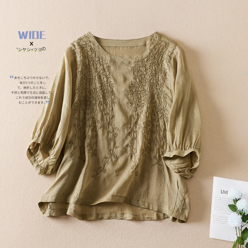 

Cotton Linen Shirt Embroidery Tops Women Summer New Fashion Pullover Short Sleeve Loose Solid Blouse Shirt Casual Streetwear