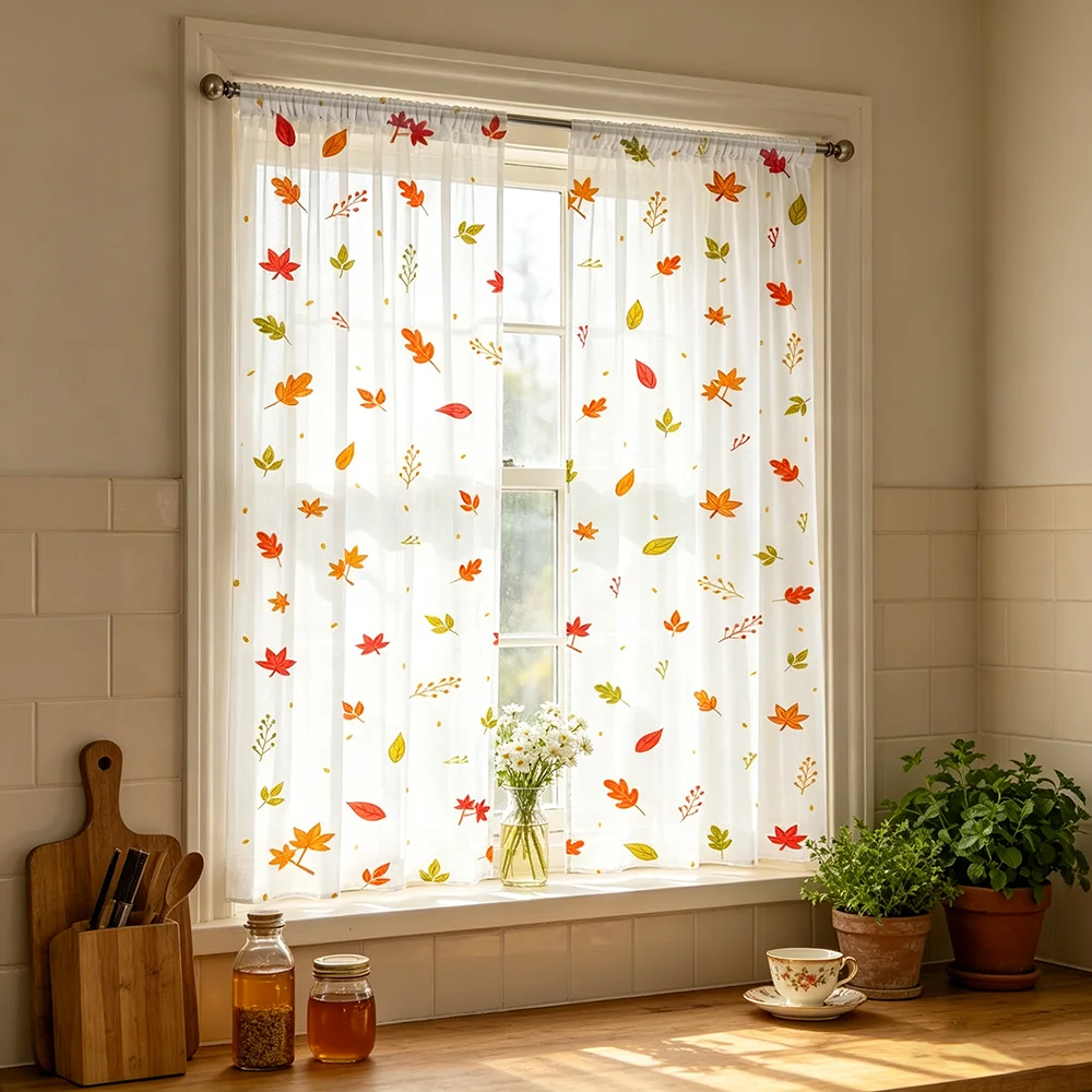2PCS Red Maple Leaf Sheer Curtains