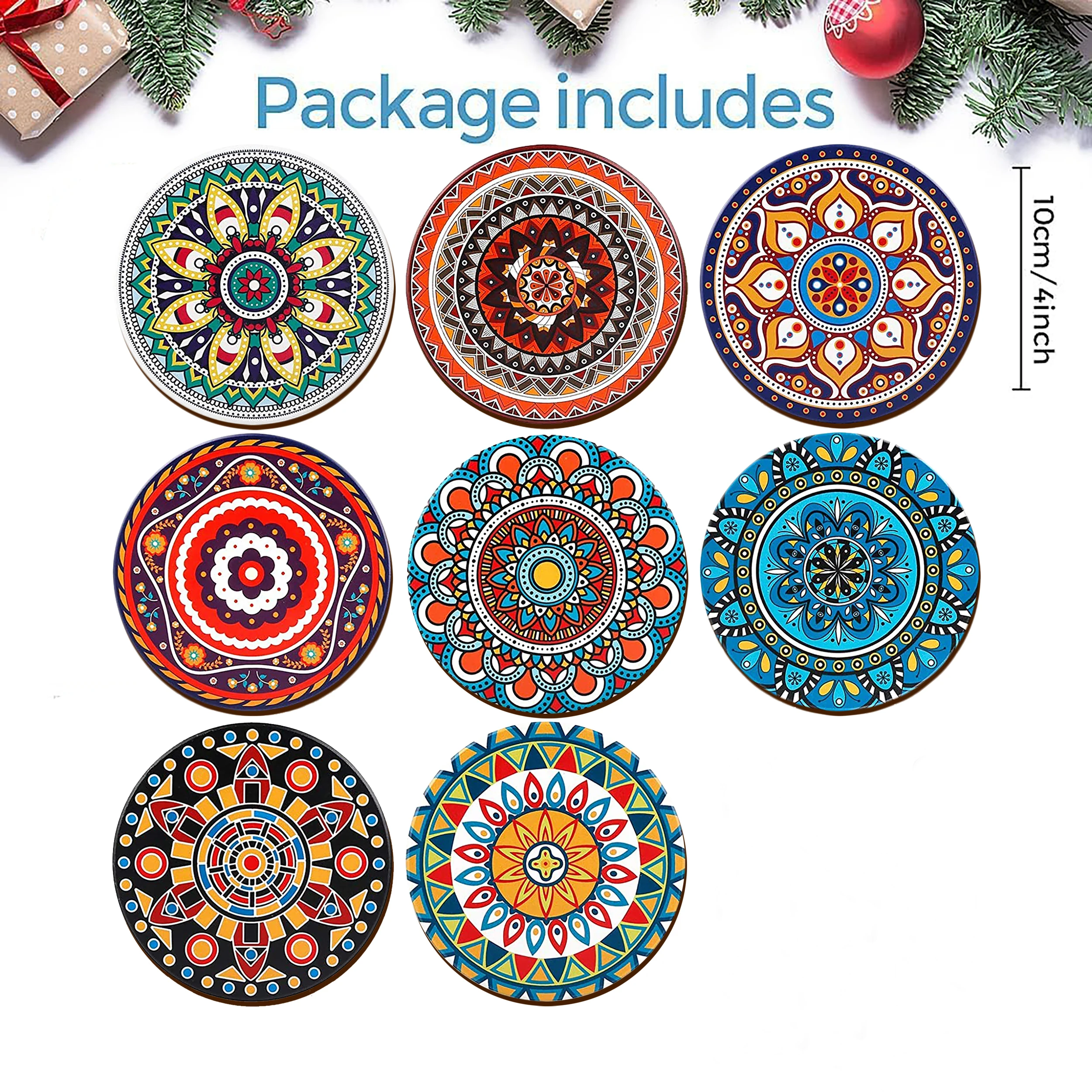 The 8-piece set of round coasters with colorful mandala flowers and wooden coasters is suitable for library desk decoration
