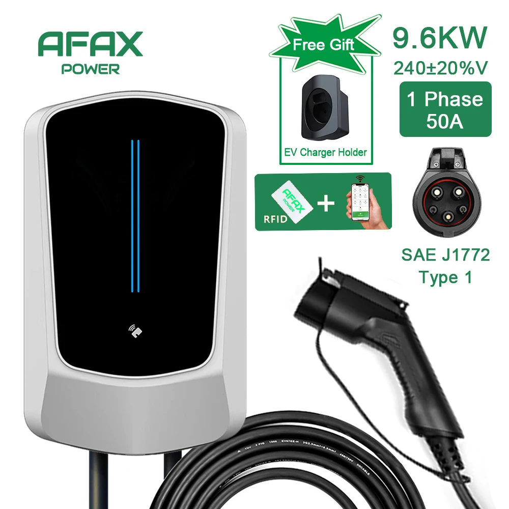 AFAX EV Charging Station 50A Electric Vehicle Car Charger EVSE Wallbox Wallmount 7.6/9.6/12KW Type1 Cable SAE J1772 APP Control