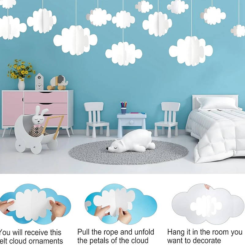 16Pcs 3D Cloud Decorations White Hanging Clouds For Ceiling Cloud Party Decorations Cloud Ornaments Hanging Ceiling Decoration