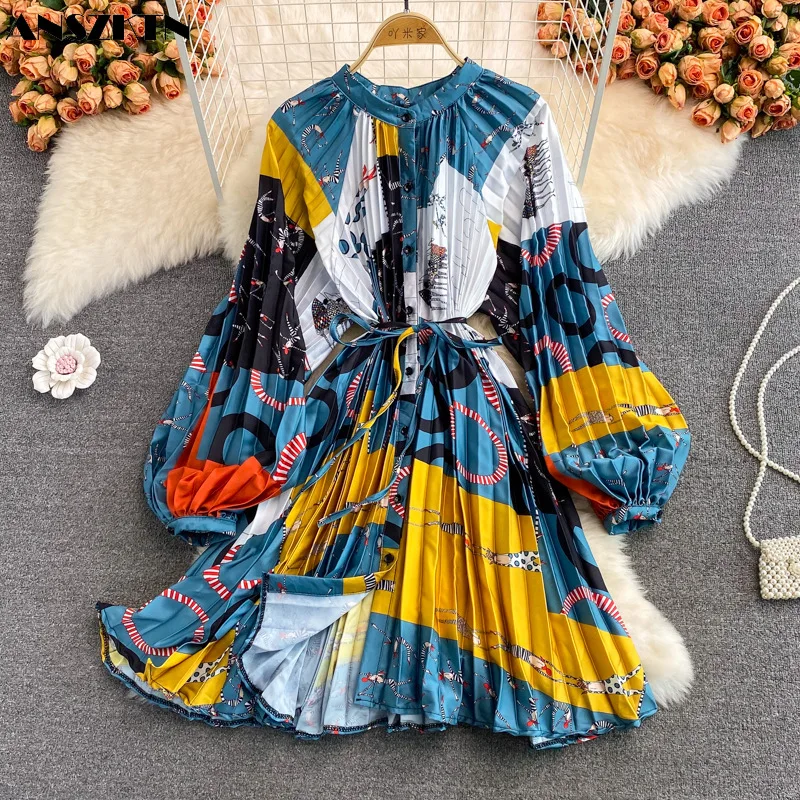 

ANSZKTN Shirt Dress Pleated High Sense Design Loose One Size Slim Short Skirt