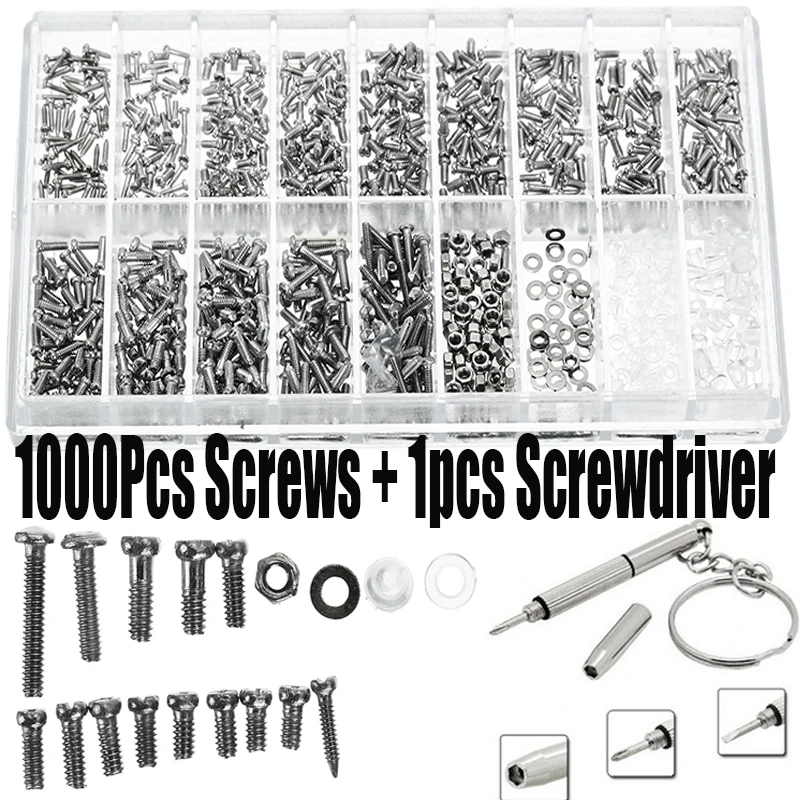 

1000Pcs Screws with Multifunction Screwdriver Set Assortment for Repairing Eyeglass Sun Glasses Spectacles Screw Repair Tool Kit