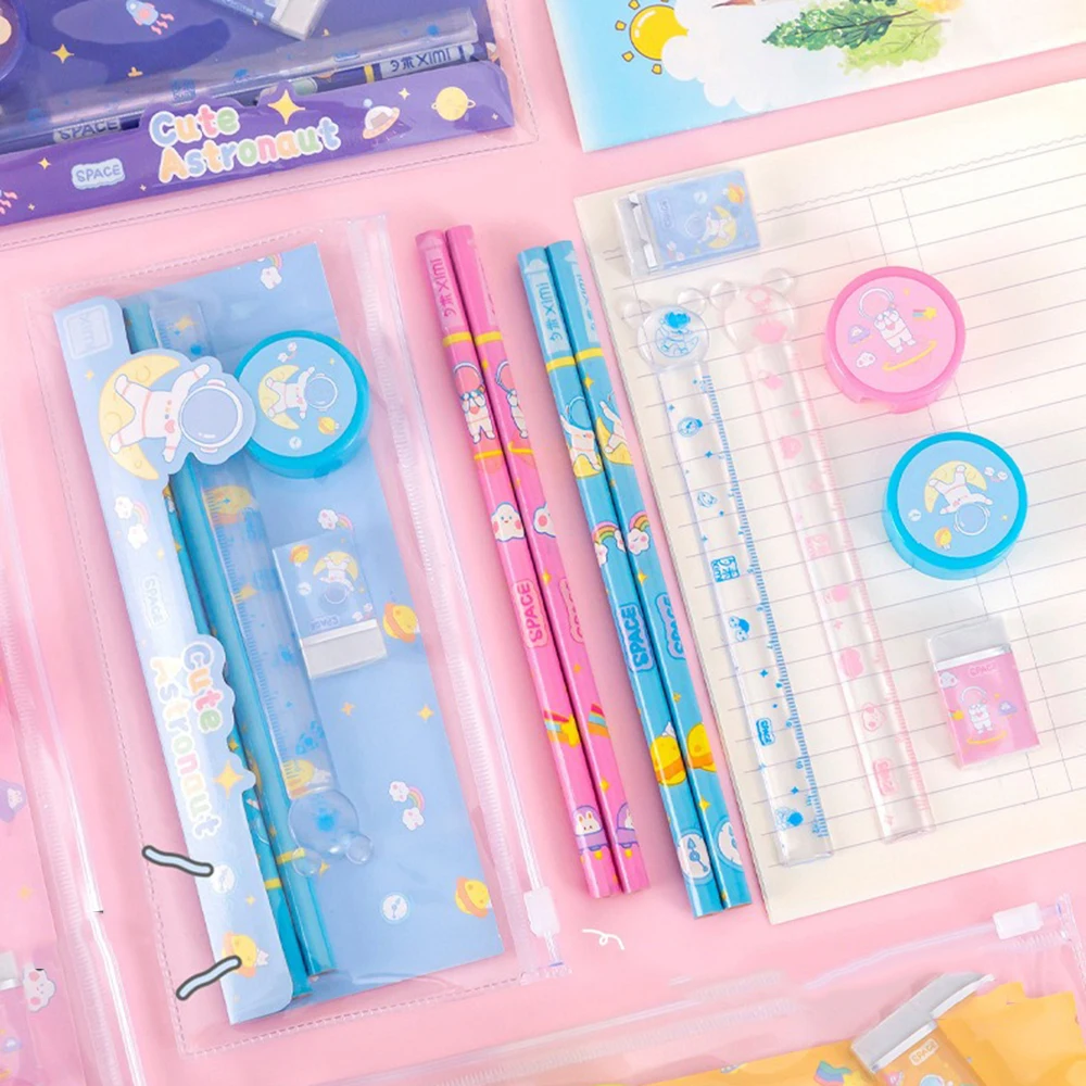 5PCS/Set Children's Stationery Set Birthday Gift Cartoon Pencil Case Suitable for School Pencil Eraser Sharpener Writing Tools