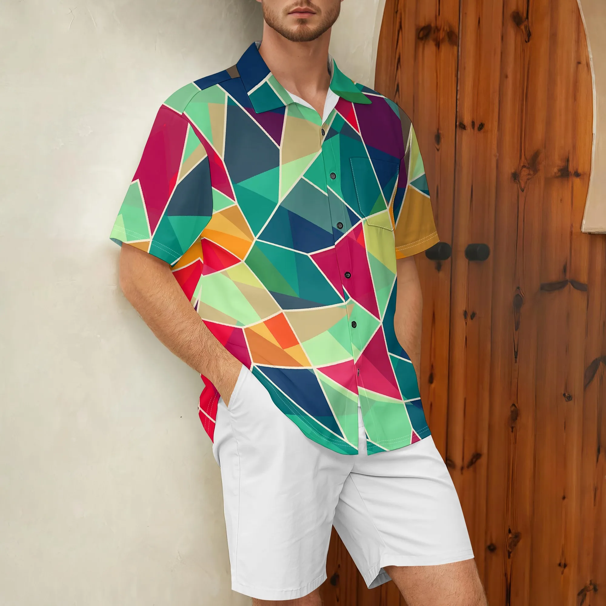 

YEAE Colorful Geometric Print Shirt for Men Summer Casual Short Sleeve Top