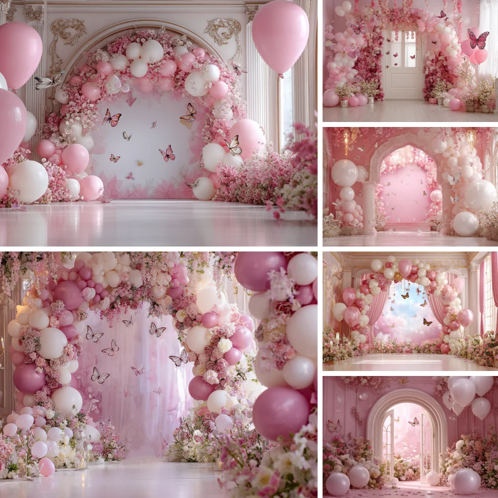 

Pink Arch Balloon Photography Background Butterfly Decor Kids Birthday Party Backdrop Cake Smash Banner Photo Studio Prop