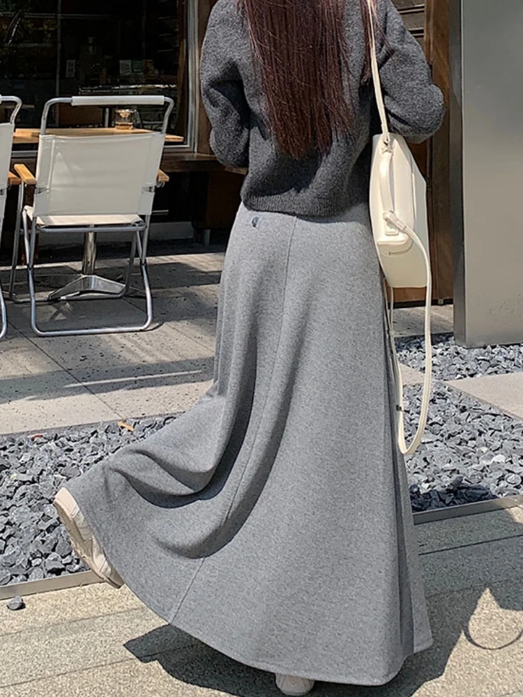 Qiukichonson Long Skirts Womens knitted Skirt 2024 Autumn Winter Korean Casual High Waist Grey Black A-Line Skirt rok 90cm