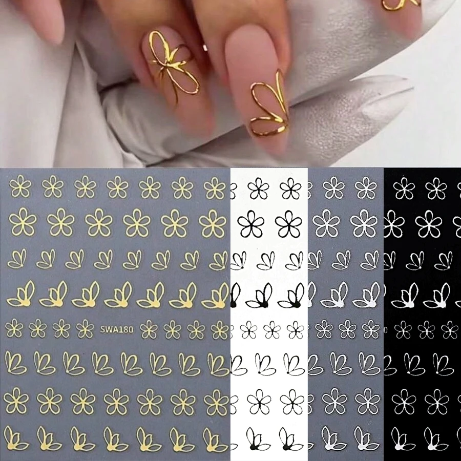 4/8pcs Hollow Metal Flower Petal Nail Art Stickers Golden Silvery Black White Daisy Cherry Blossom Hibiscus Spring Summer