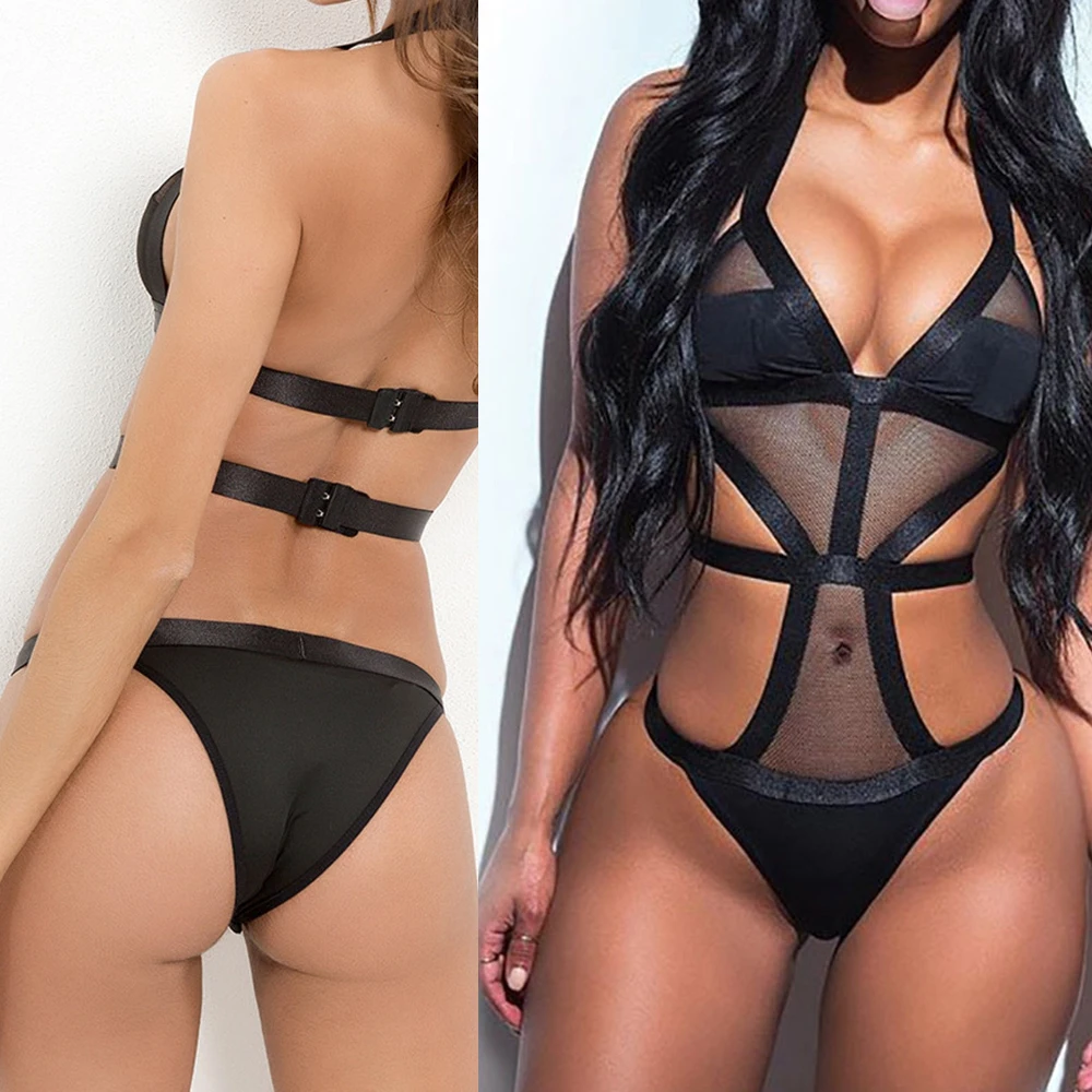 Women\'s Sexy Bodysuits Bandage Hollow Jumpsuit Strappy Corset Push Up Bodysuit Sheer Underwear Ladies Lingeries Exotic Sleepwear