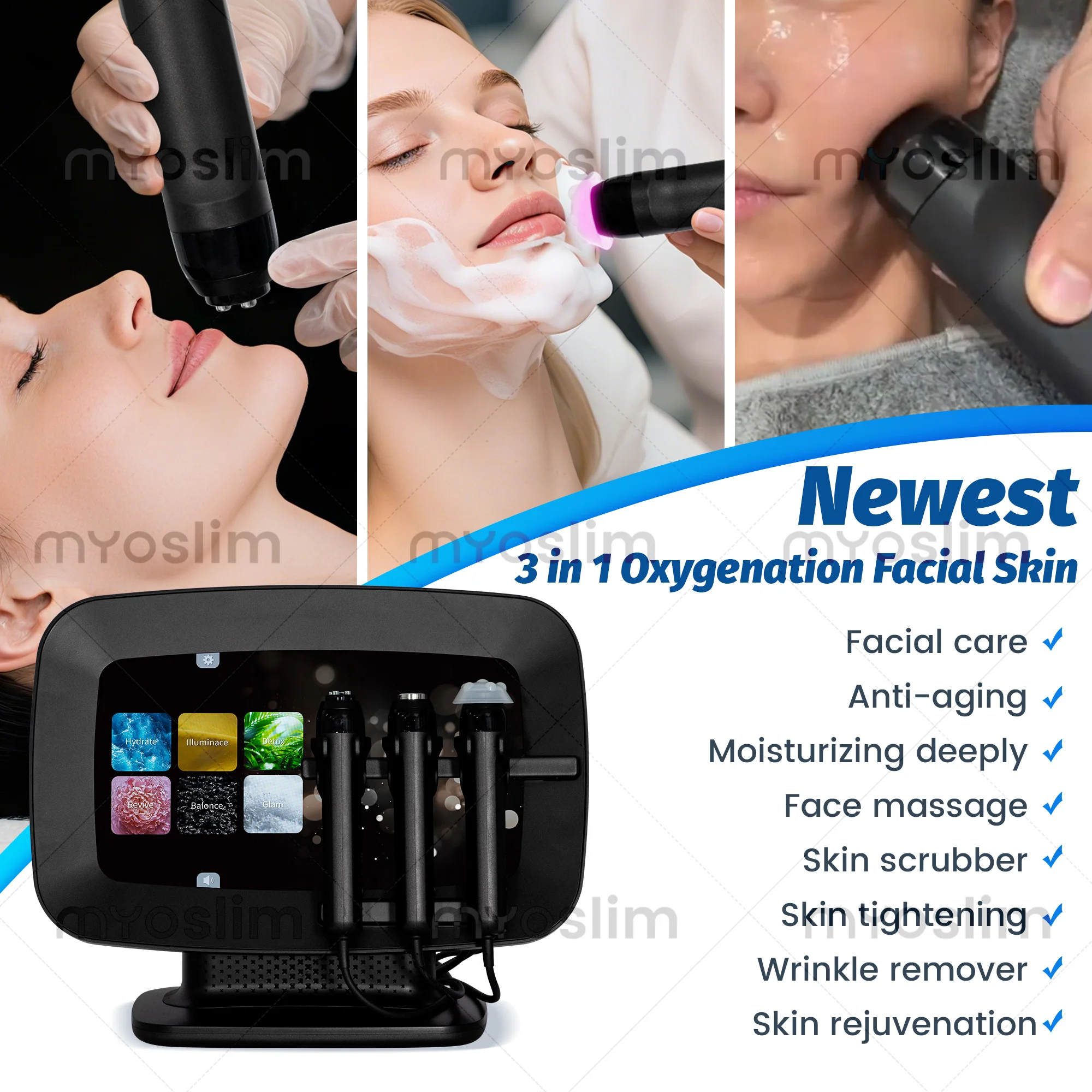 

Newest Portable 3 in 1 Oxygen Bubble Machine Skin Rejuvenation Hydro Facial Facial Detox Device For Beauty Salon