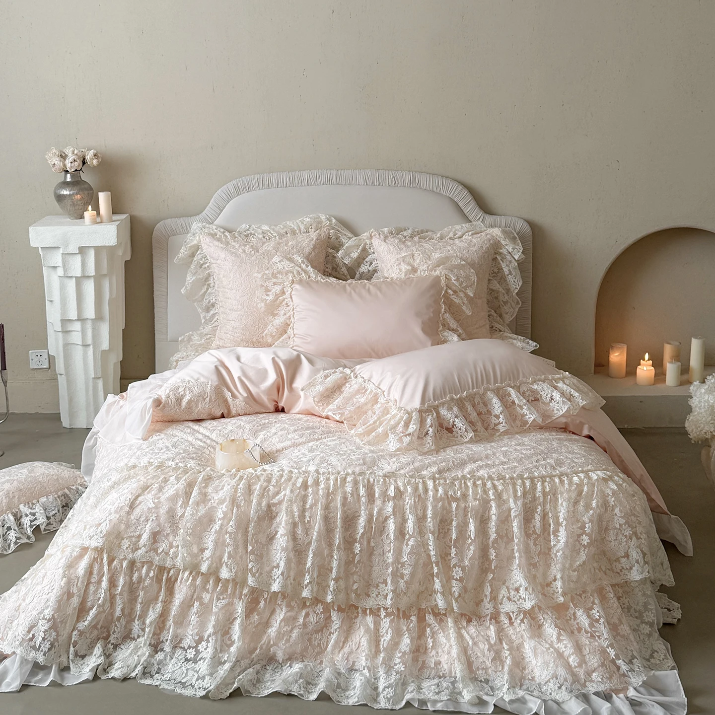 High End Egyptian Cotton Bedding Set Luxury Pink Lace Embroidery Princess Duvet Cover Bed Sheet Pillowcases Home Textile