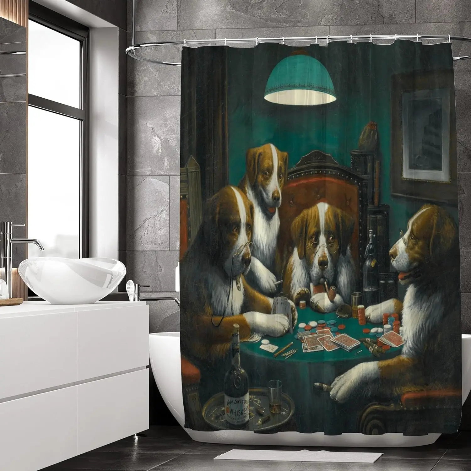 Funny Dogs Playing Poker Shower Curtain,Animal Dog Shower Curtains for Men or Dogs Lovers,Funny Waterproof Polyester Vintage