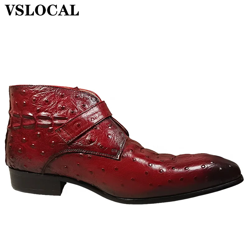 2025 Mens Ankle Boots Shoes Black Buckle Strap Ostrich CROCO Prints Casual Dress Cowboy Boots Slip on Leather Boots Men