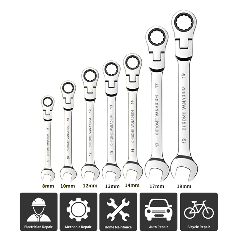 Conjunto de chave de catraca de 7 peças, combinação métrica padrão, conjunto de chaves de catraca para reparo de carro e reparo doméstico