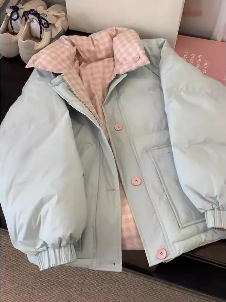 Double-Sided Winter Plaid Puffer Jacket Women's Short Thick Warm White Duck down Outerwear Fashionable Commute Style Korean V...