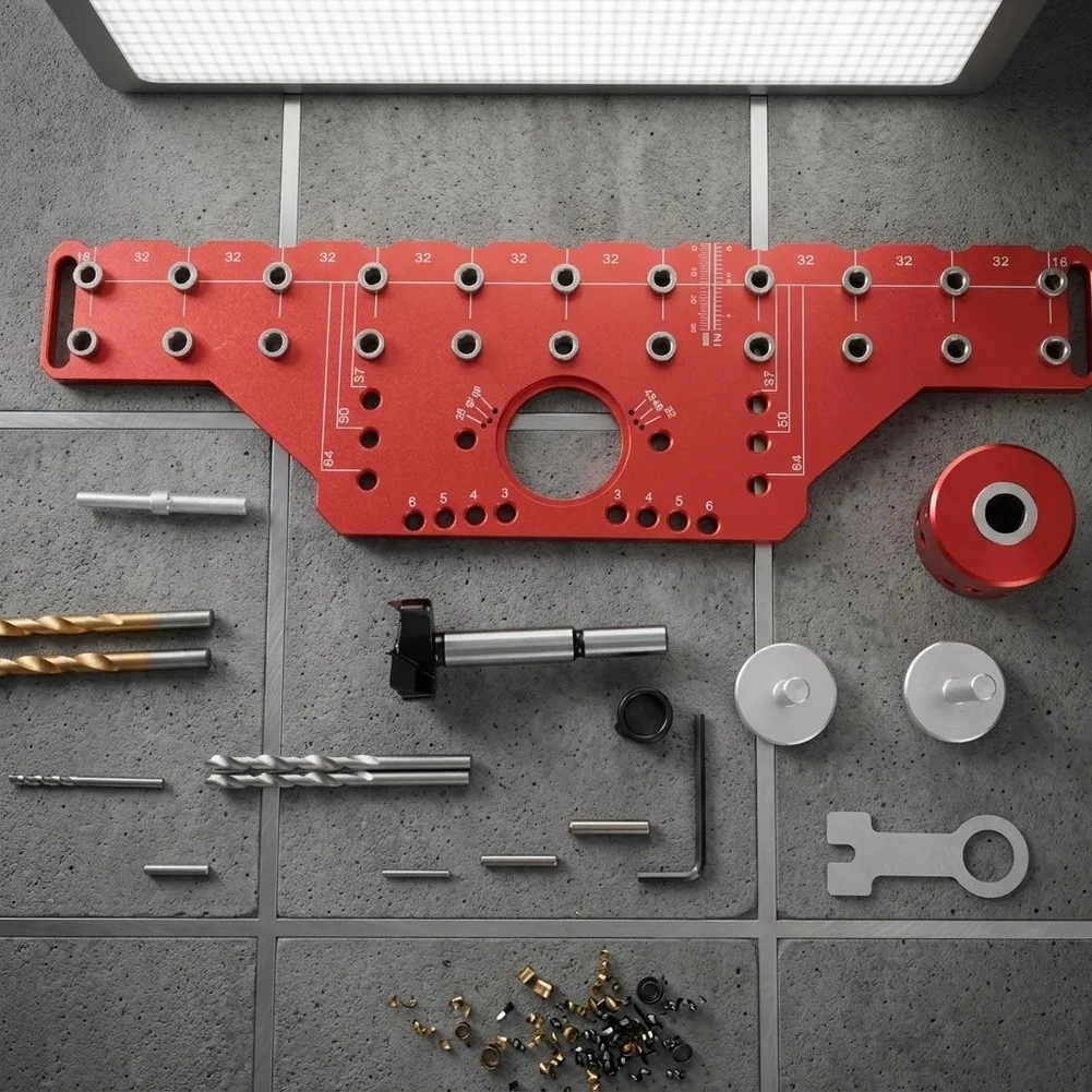 2-in-1 Aluminum Alloy Cabinet Jig Drill 11 Holes For Shelf Pin And 35mm Concealed Hinge Boring Woodworking Tool With Quick Clips