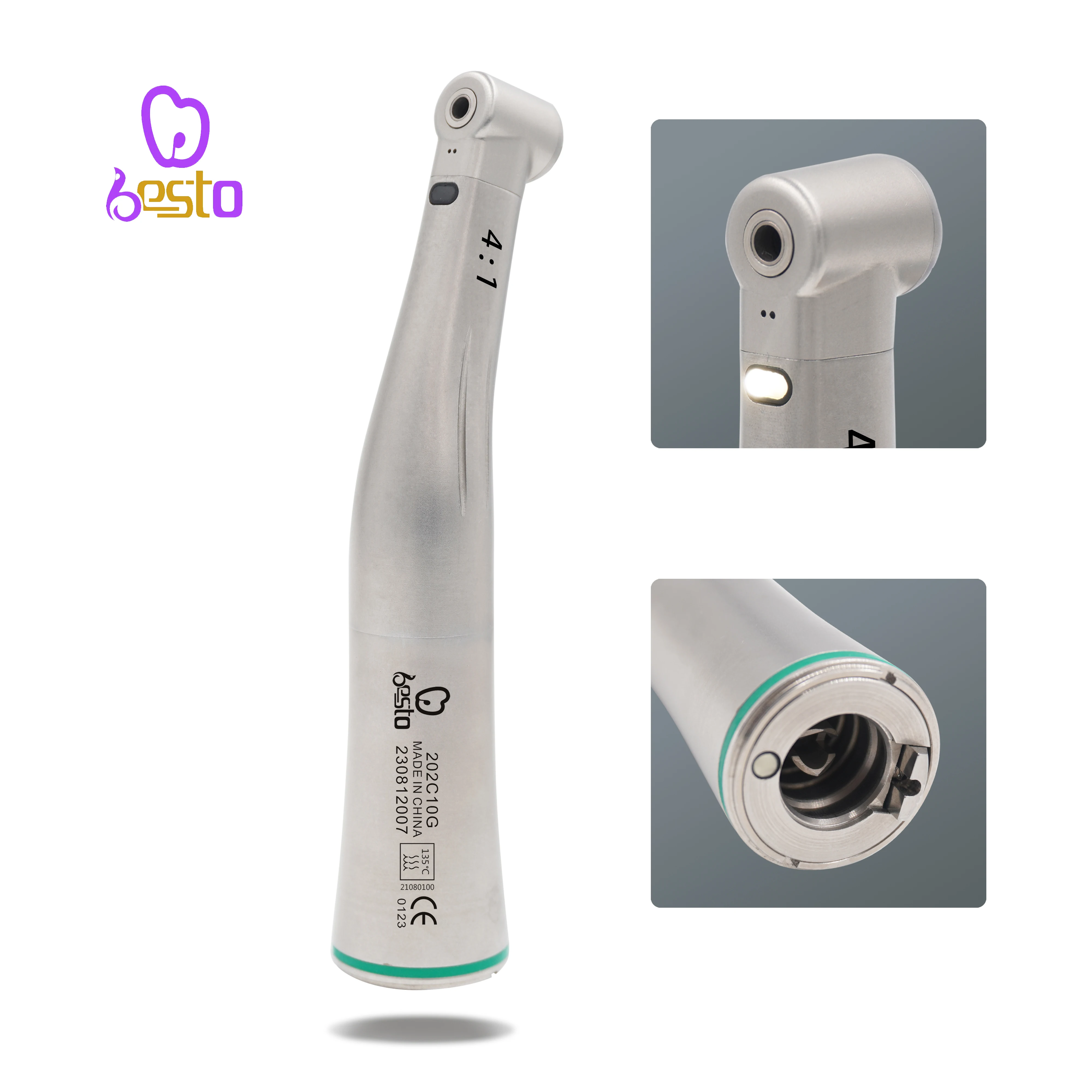 dent al Fiber Optic Contra Angle 4:1 LED Push Button Low Speed Handpiece Green Ring dent al Handpiece