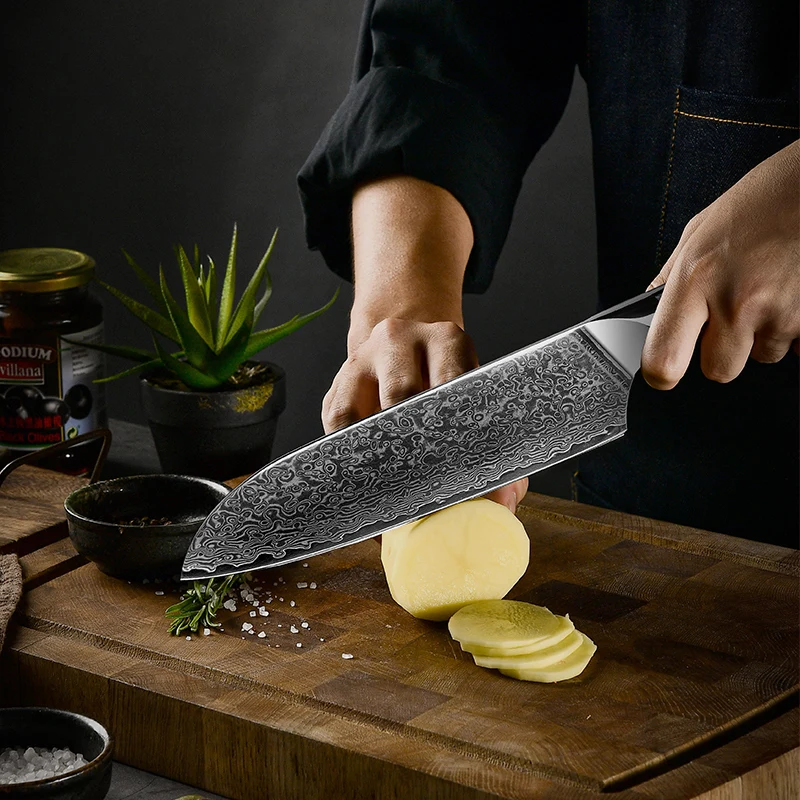 Imagem -02 - Grandsharp-damascus Japonês Santoku Faca Faca Chef Carne Peixe Legumes Ferramentas de Corte Abalone Shell Handle 7